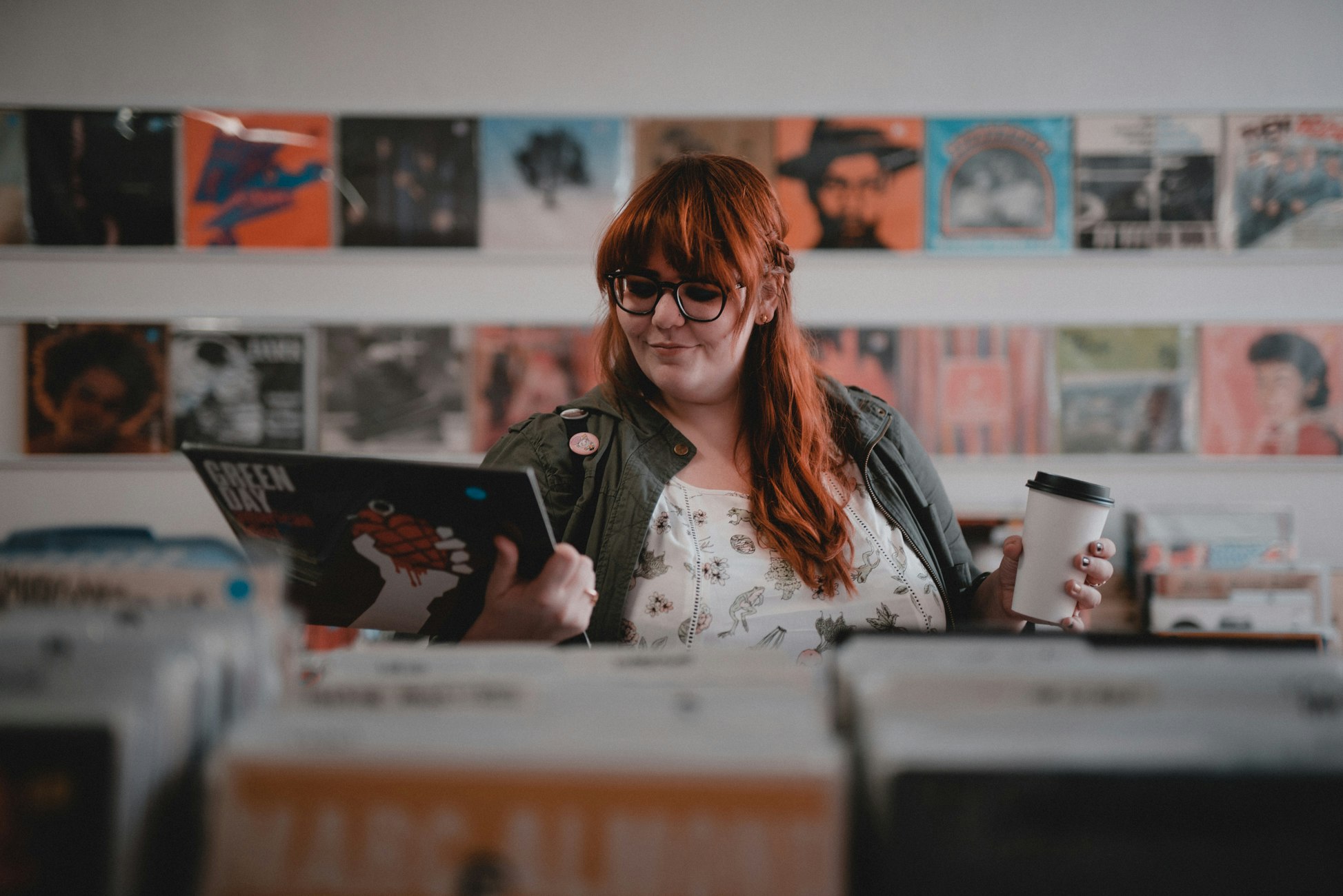 A happy shopper at Irvington Vinyl & Books. Photo by Devin Barnes.